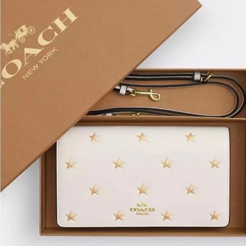 NWT Coach Boxed Anna Clutch Crossbody Bag with Star Print, chalk